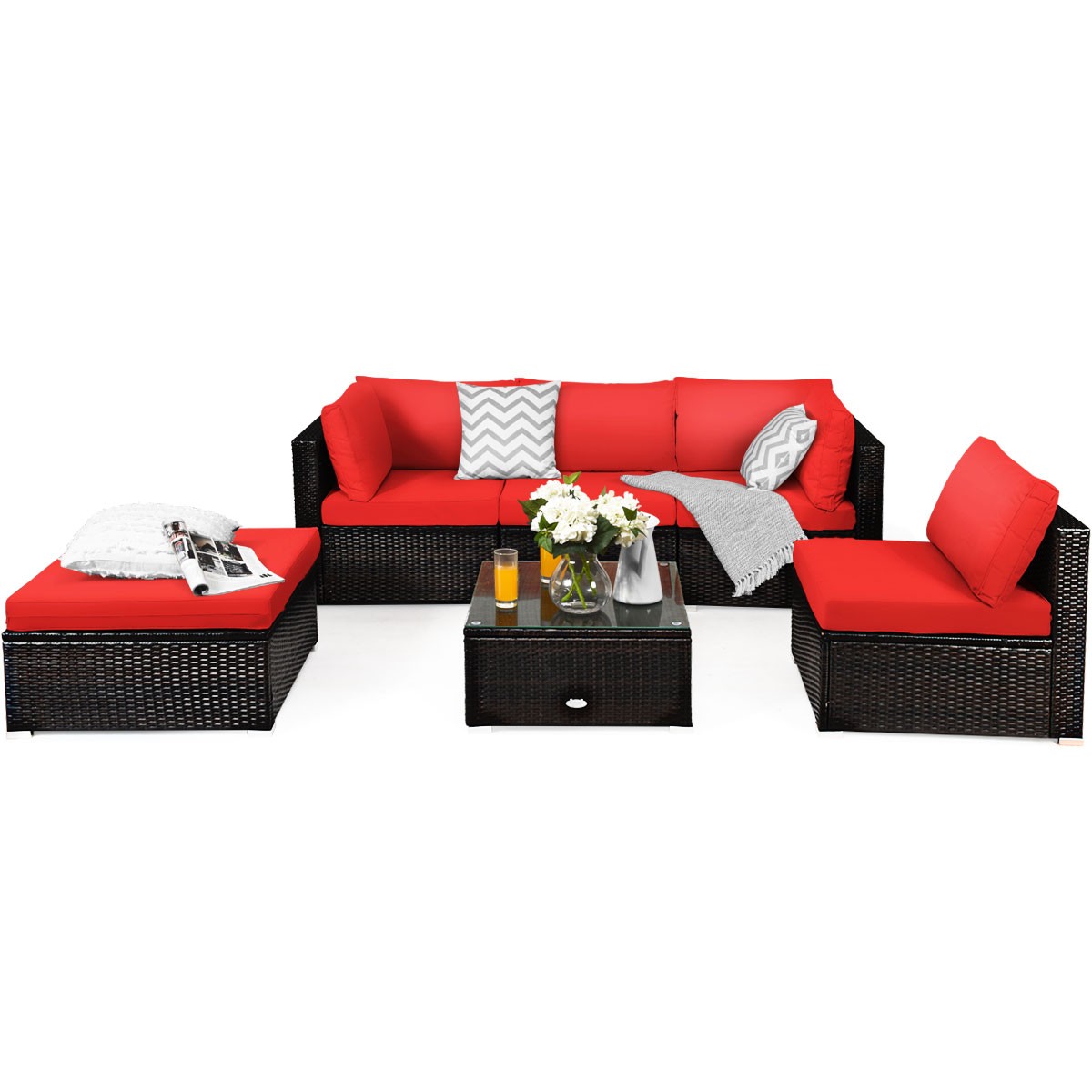 6PCS Outdoor Patio Rattan Furniture Set Cushioned Sectional Sofa Red