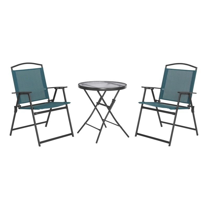 3 Piece Folding Bistro Set W/ Tempered Glass Table Outdoor Patio Chairs Teal