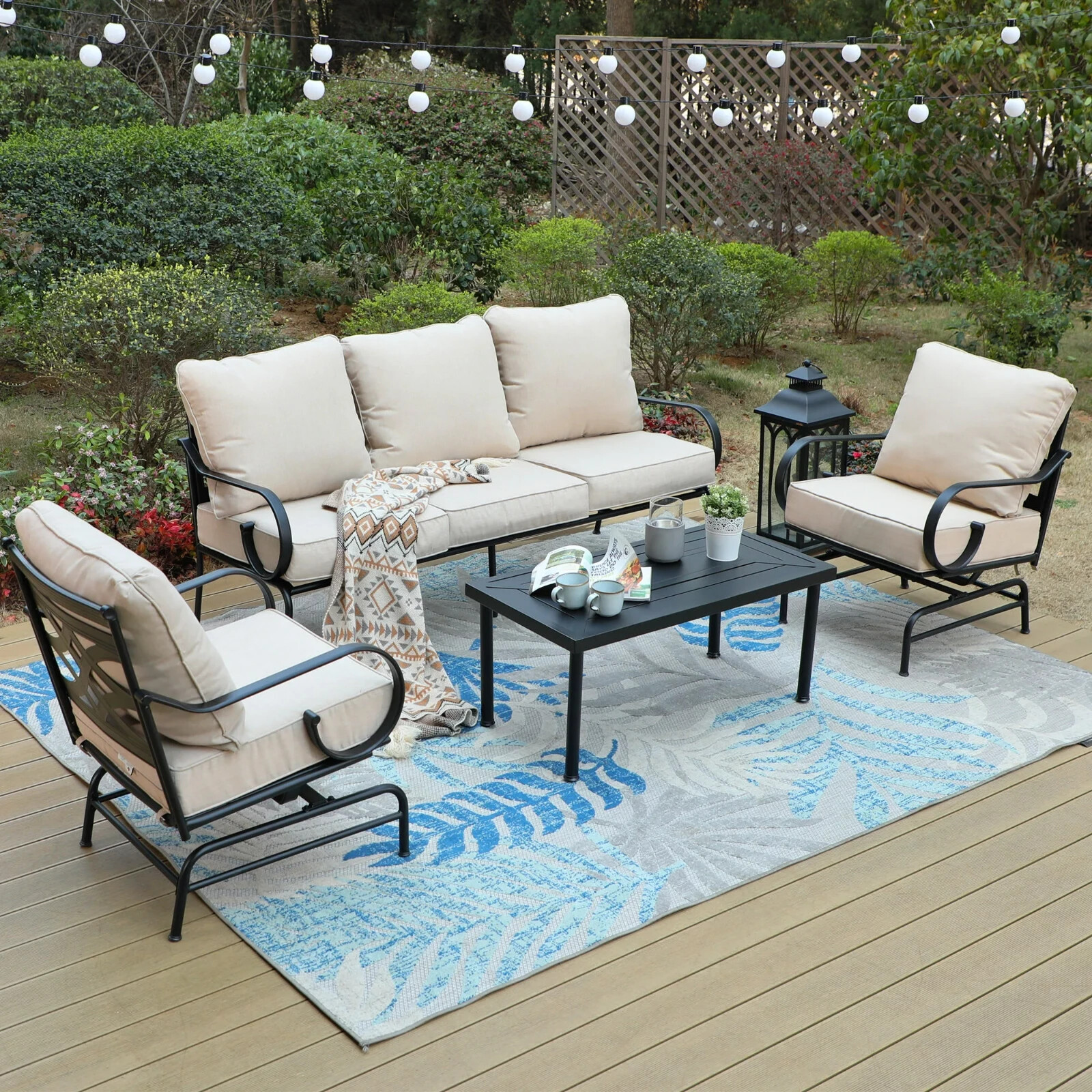 4PC Patio Conversation Set with Club Rocking Chairs&Table Outdoor Furniture Set