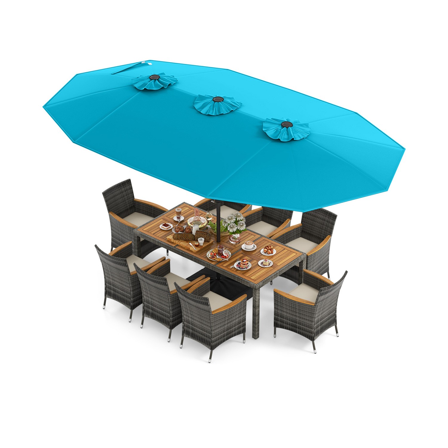 10Pcs Patio Wicker Dining Set 15Ft Double-Sided Umbrella Turquoise