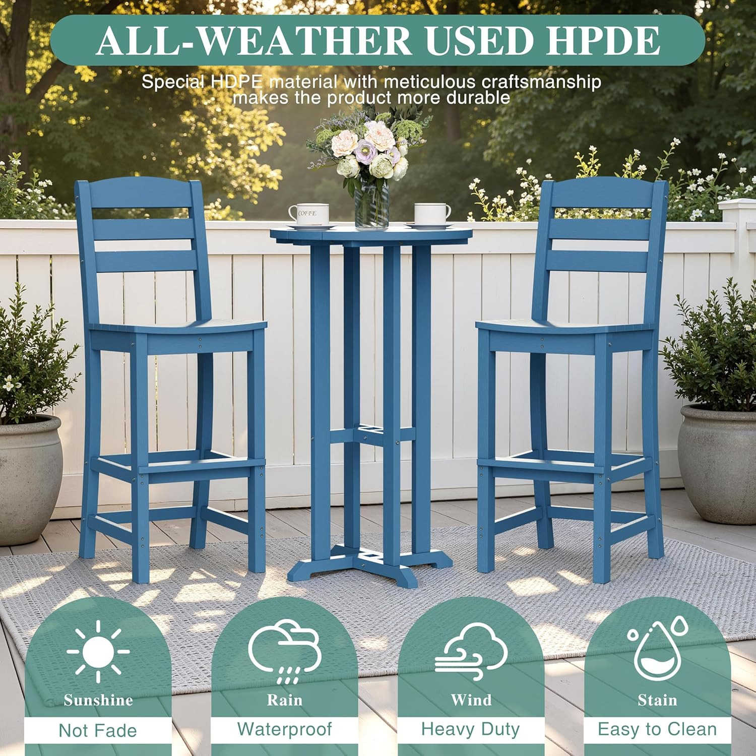 JY QAQA 3-Piece Blue Adirondack Bar Set for Patio, Balcony, or Poolside