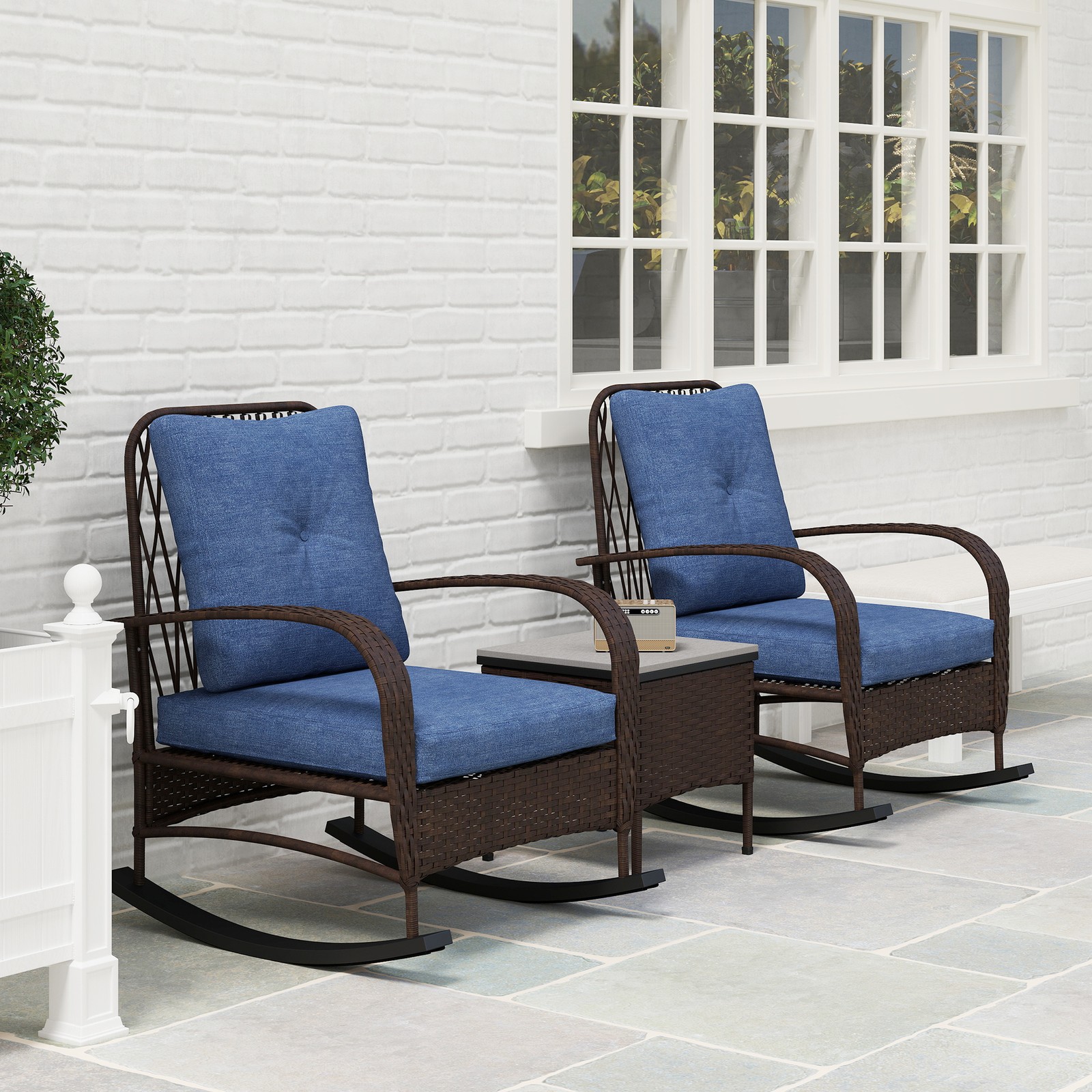 Outsunny Rocking Chairs & Coffee Table, Patio Furniture Set with Cushion, Brown