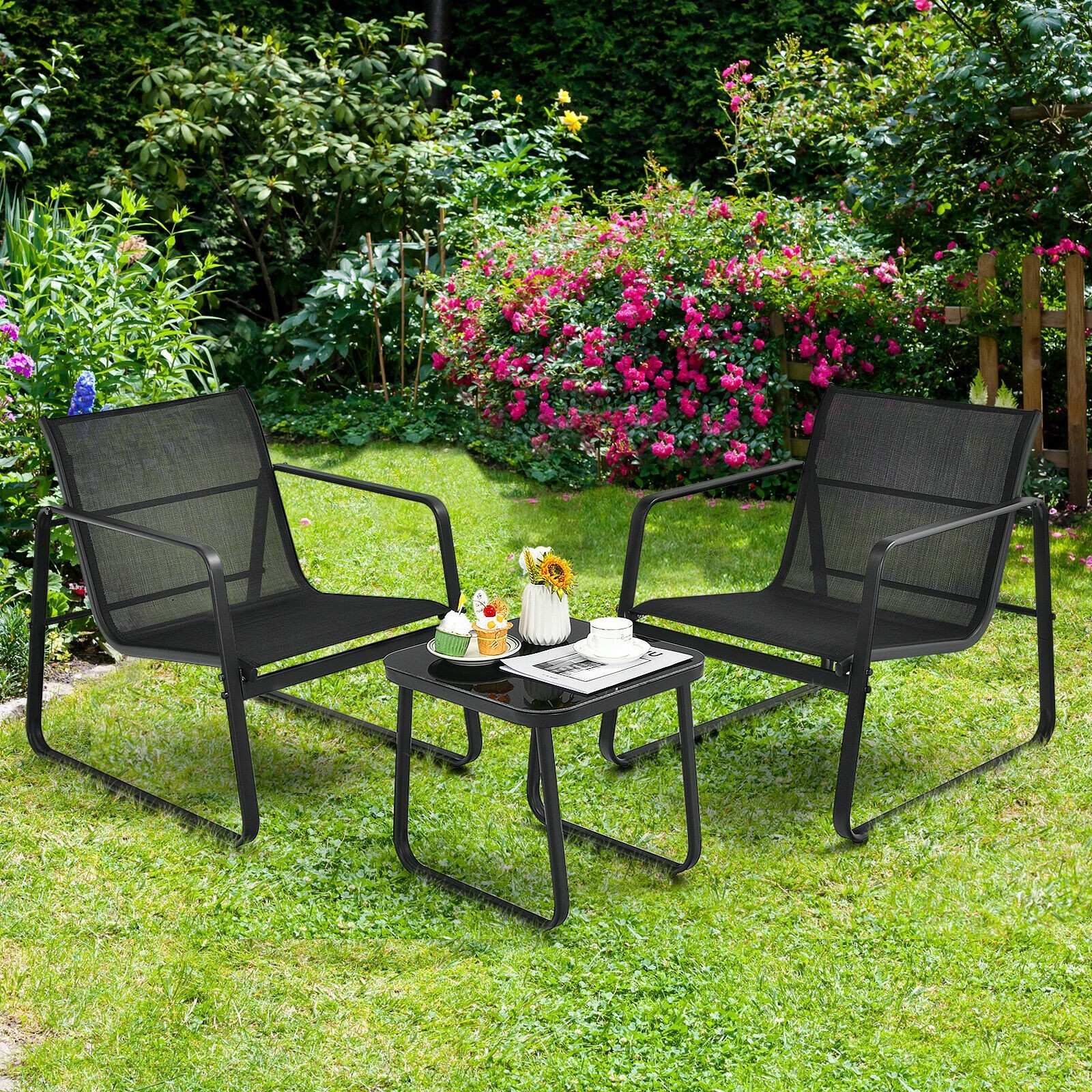 3 Pieces Patio Bistro Furniture Set Glass Top Table Garden Deck Black Chair New