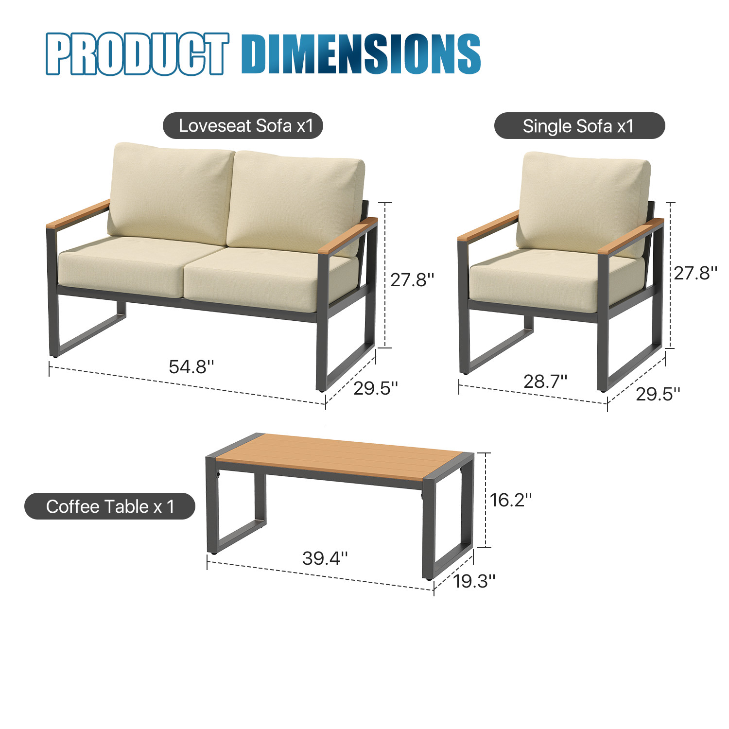 Modern Metal Patio Conversation Set with Faux Wood Accents for Porch, Balcony