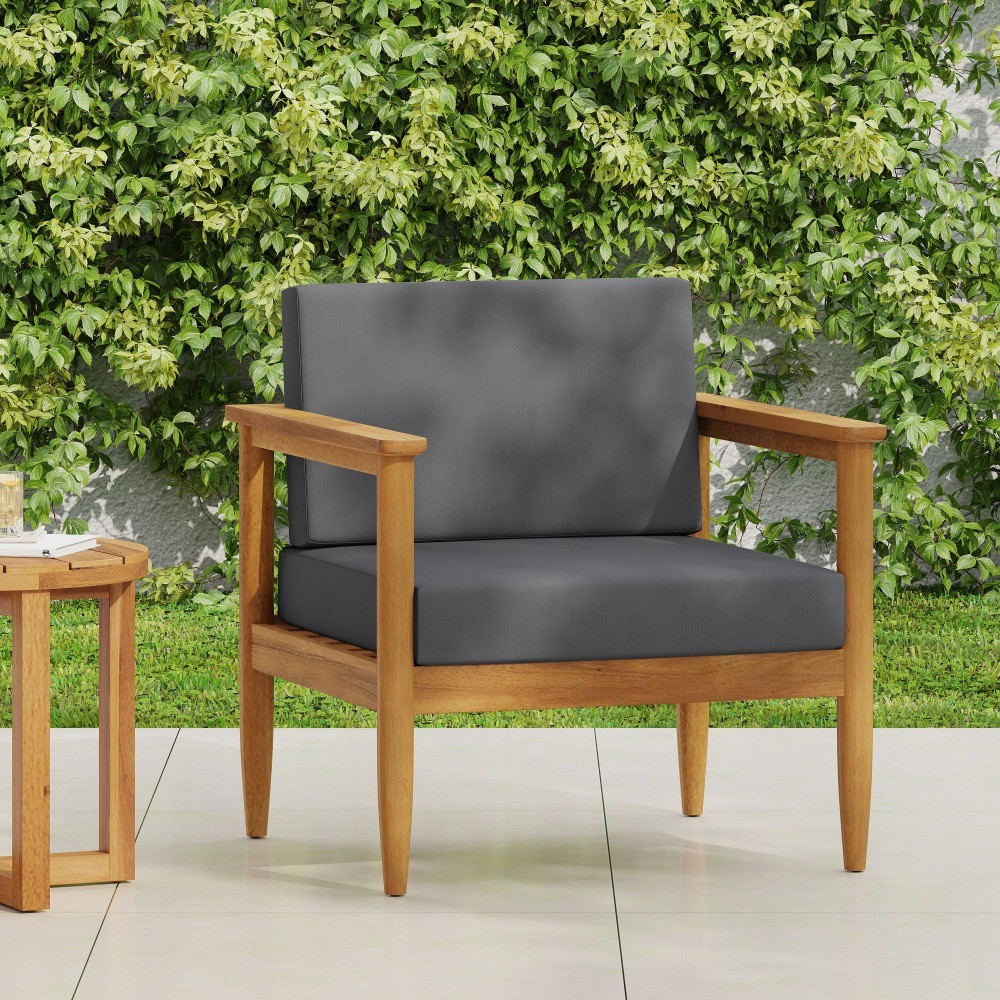 Outdoor Club Chair Acacia Wood Frame Dark Grey Water Resistant Cushion Slat