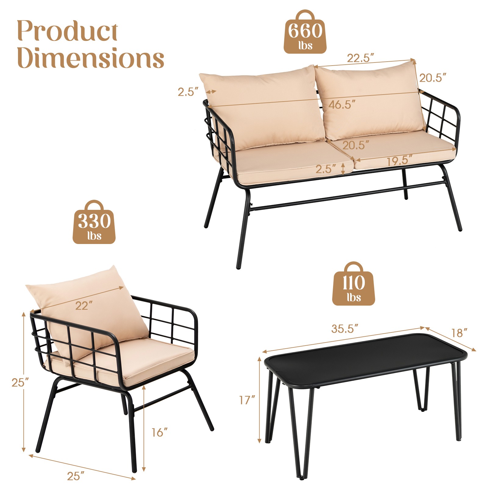 Patiojoy 4 Piece Patio Conversation Set Outdoor Loveseat Sofa Coffee Table Set