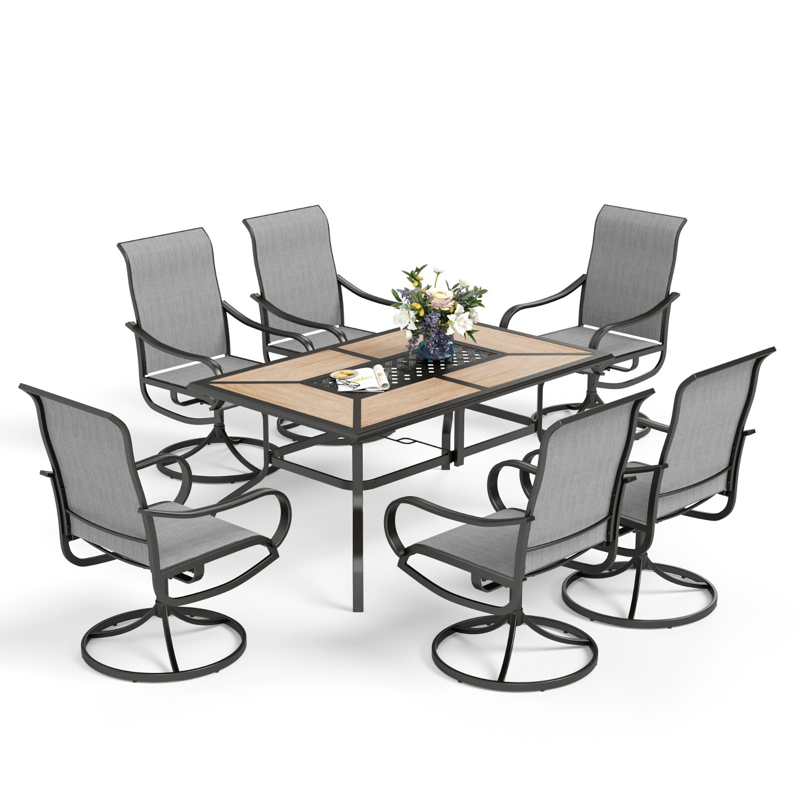 7pcs Patio Dining Set Metal Rectangle Table&Swivel Chairs Outdoor Furniture Set