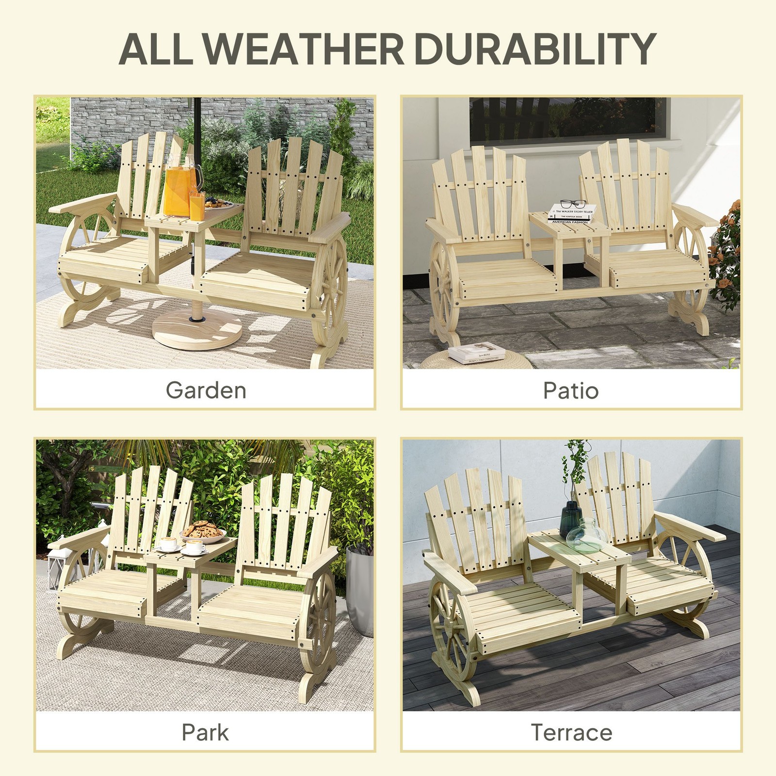 Outdoor Garden Bench: 2-Seat, Table, Umbrella Hole, Fir Wood
