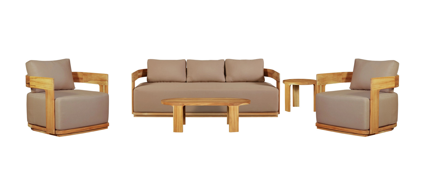 Eclipse Outdoor solid Teak Wood Sofa Set – light brown fabric Sofa + 2 Arm chai