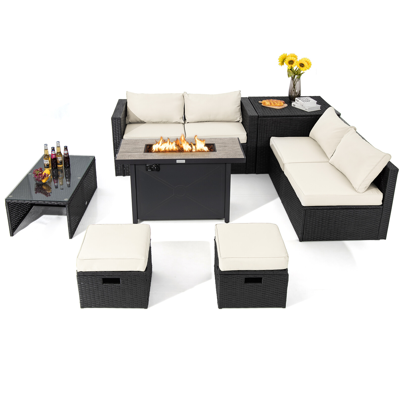 Patio 9PCS Rattan Furniture Set Space Saving 42” Fire Pit Table Cover White