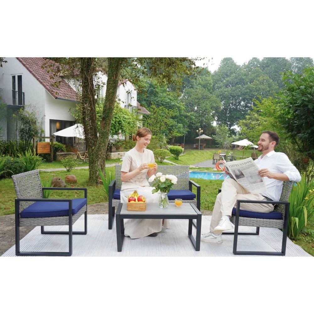 4-Piece Patio Furniture Set Outdoor Balcony Furniture Gray Acacia Wood Table Top