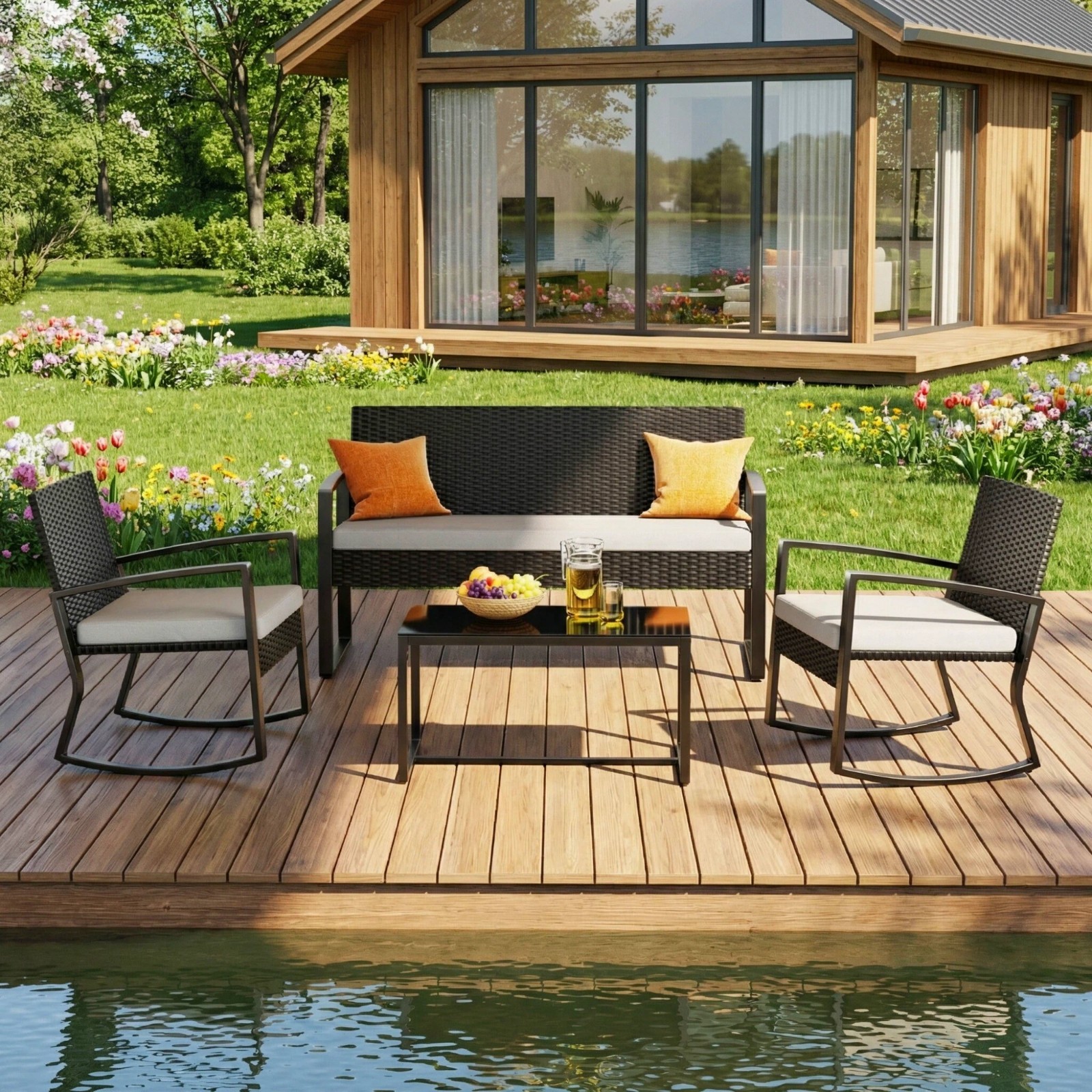 Patio Furniture Set, 4 Pieces Outdoor Conversation Set with Rattan Wicker Chairs