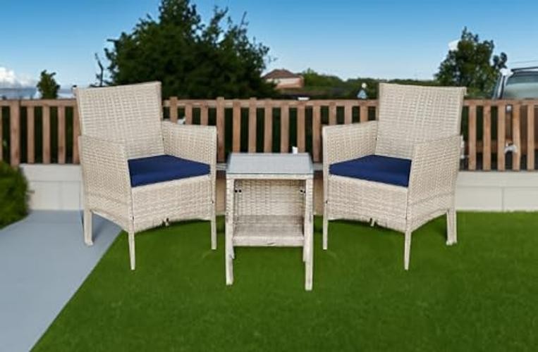 Outdoor Wicker Conversation 3 Piece Bistro Set Garden Patio Gray- Navy Blue