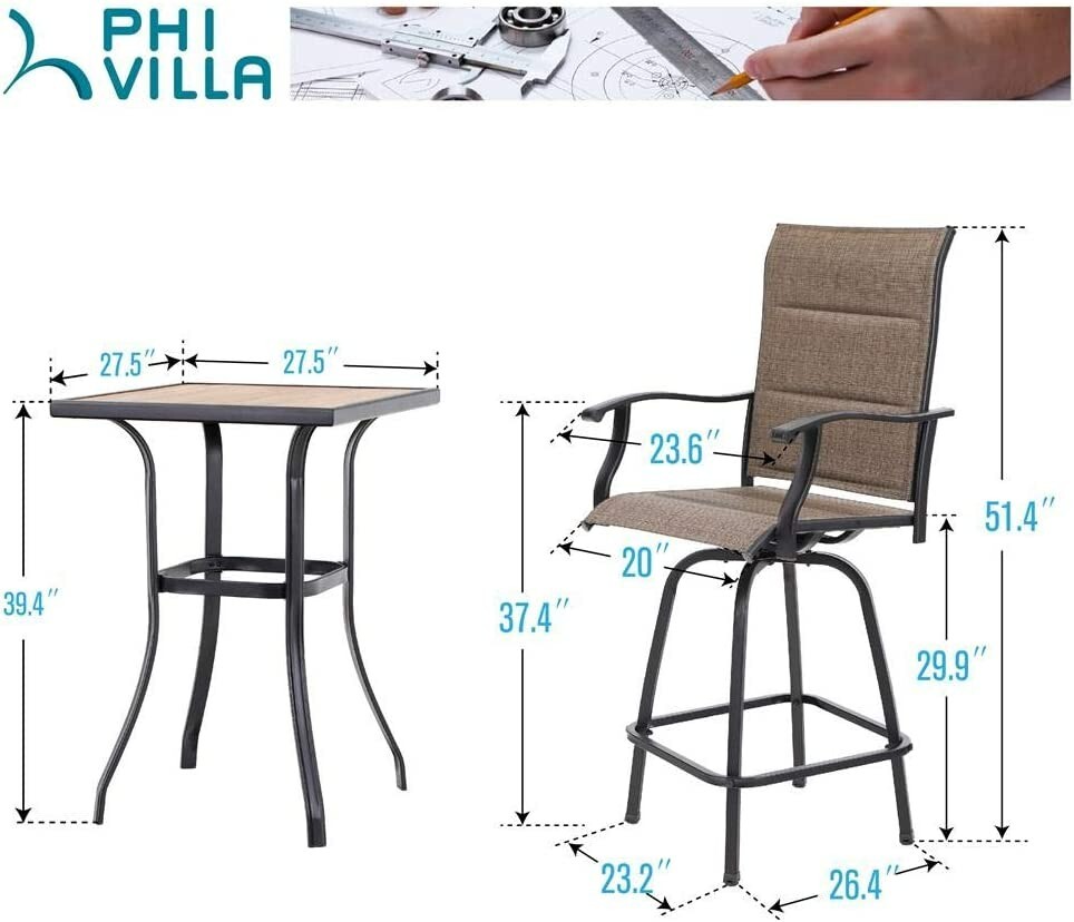 PHI VILLA 3 PCS Swivel Bar Stools Patio Dining Table Bar Sets High Back Outdoor