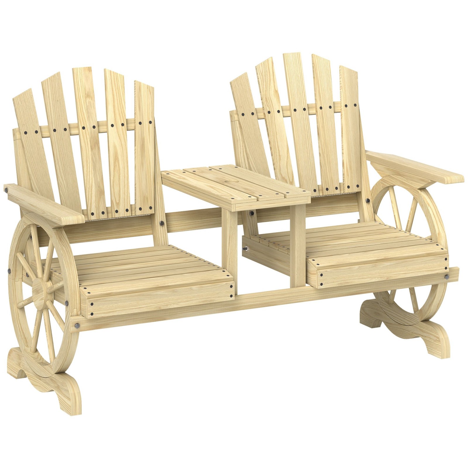 Outdoor Garden Bench: 2-Seat, Table, Umbrella Hole, Fir Wood