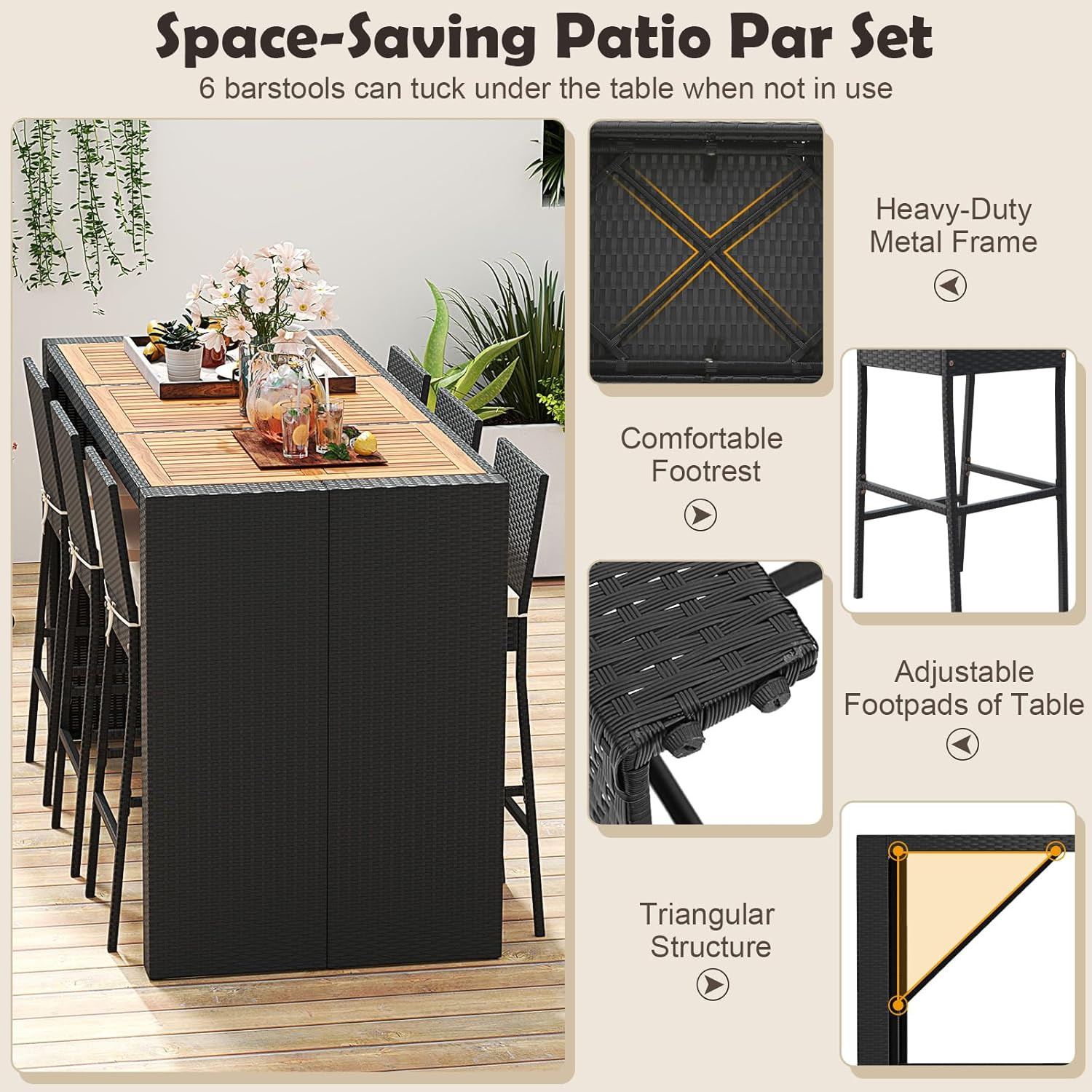 Stylish 7-Piece Wicker Bar Set with Acacia Table & 6 Rattan Stools