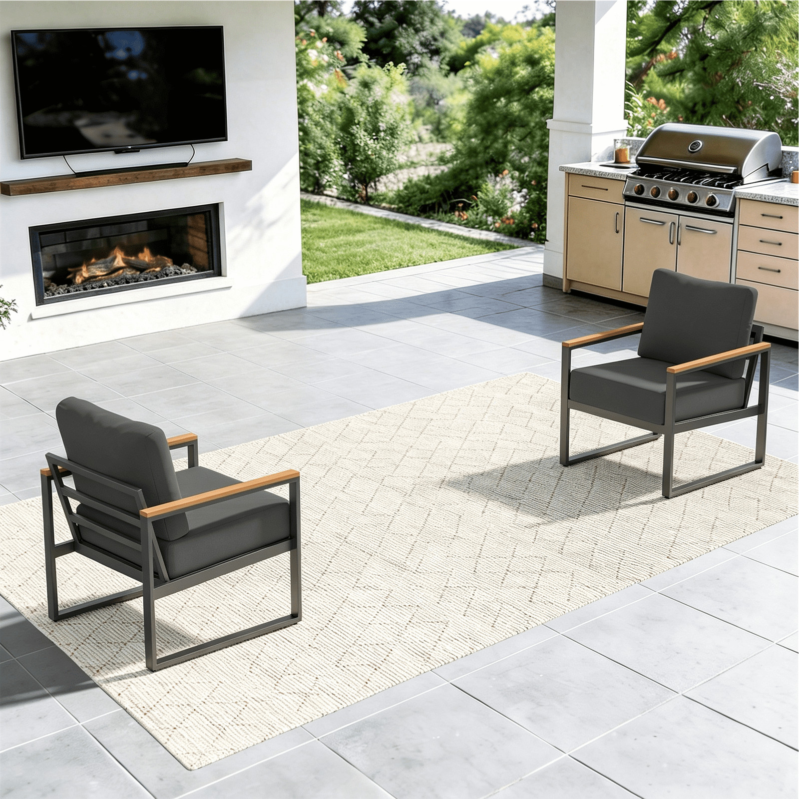 Modern Metal Patio Conversation Set with Faux Wood Accents for Porch, Balcony