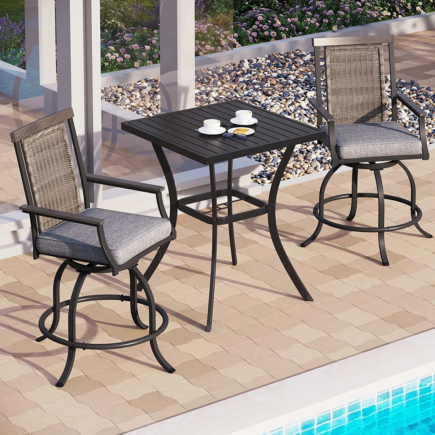 Outdoor Bar Table Set Patio Swivel Barstool Rattan Bar Height Table