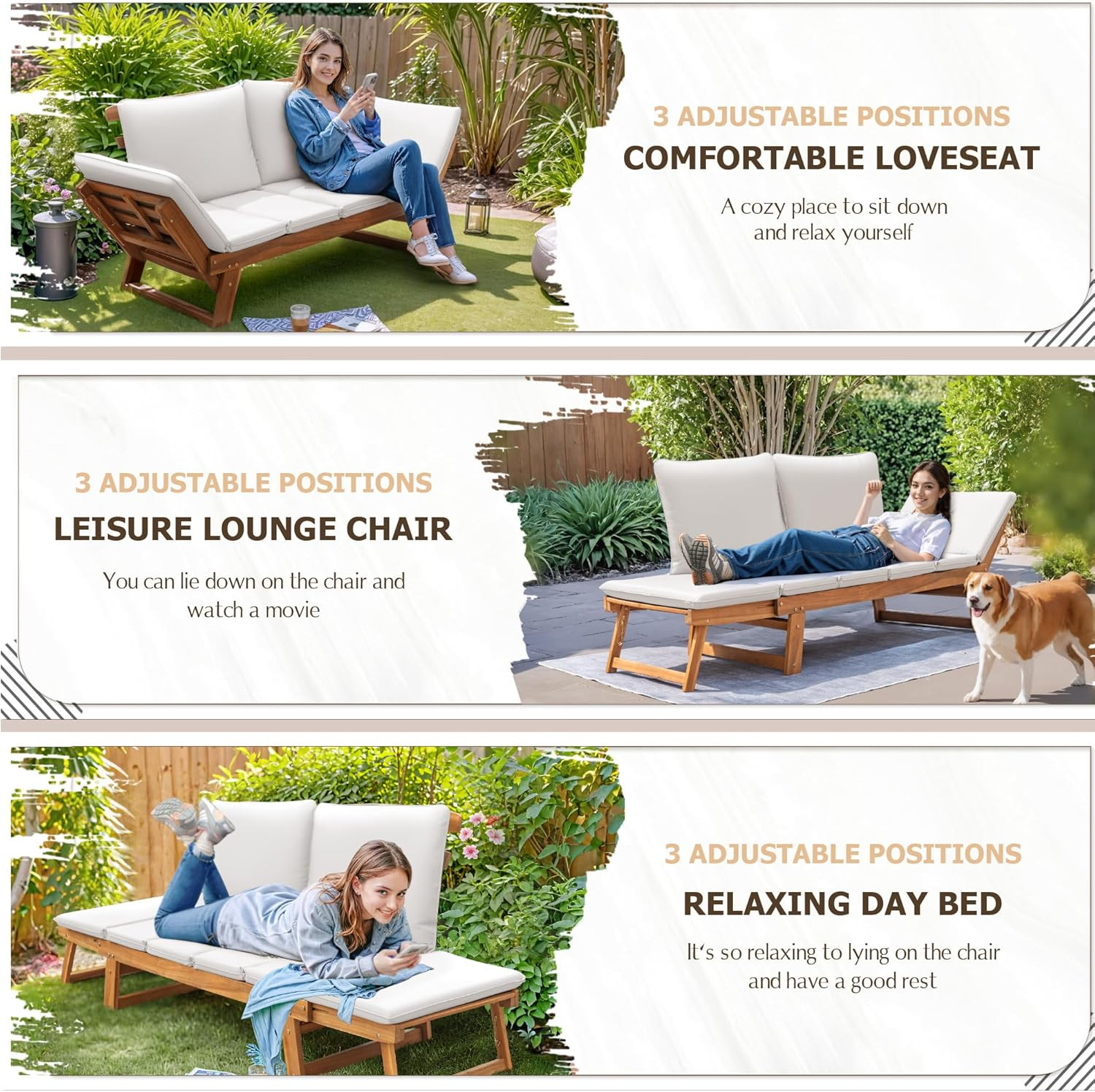 Devoko Outdoor Couch Acacia Wood Patio Couch with Adjustable Armrests, Outdoor C