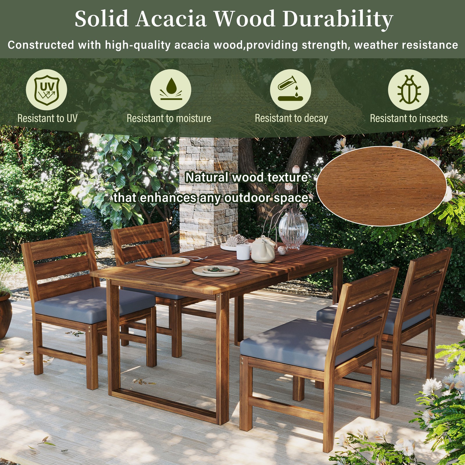 Farmhouse Acacia Wood 5-Piece Outdoor Patio Dining Set for 4