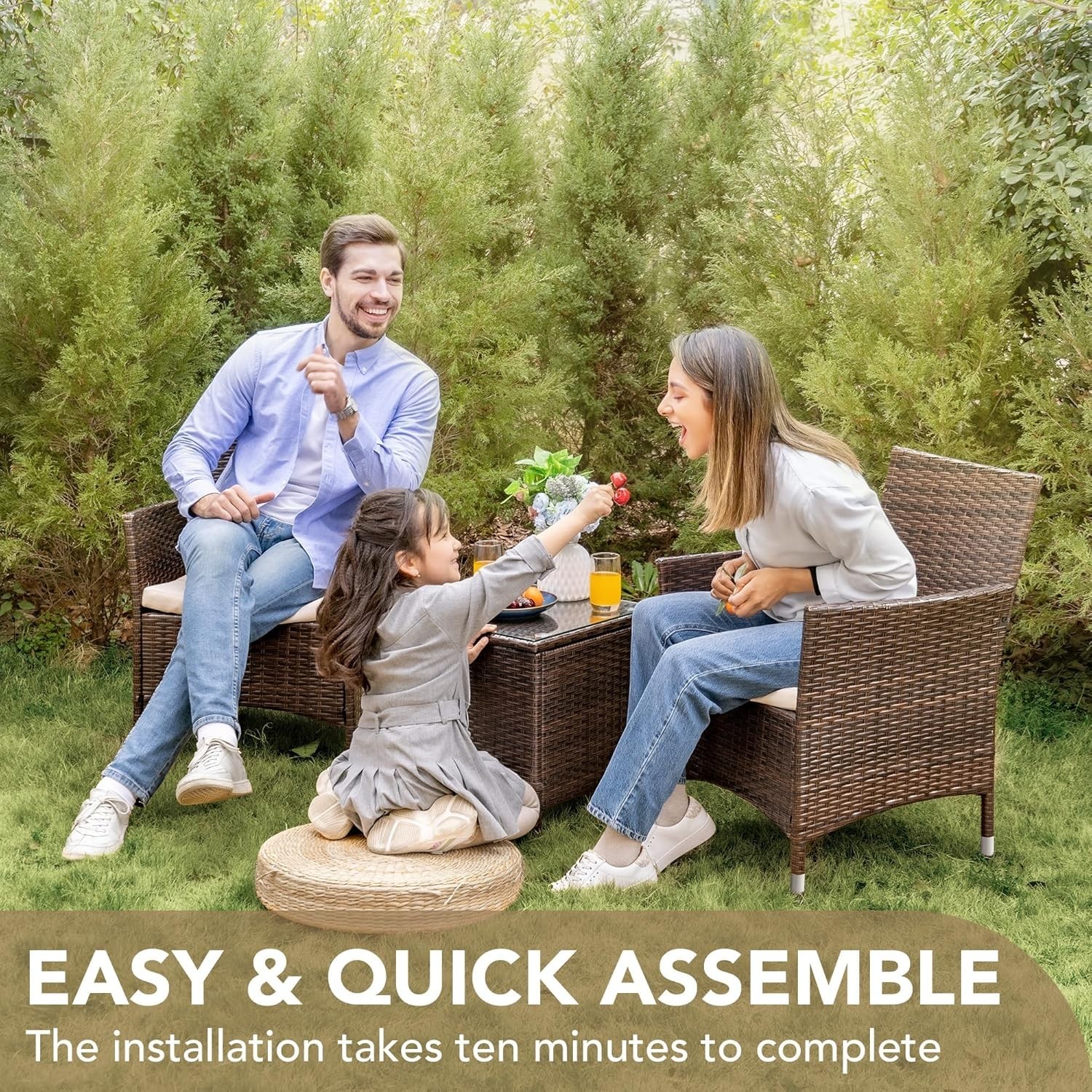 Modern 3-Piece Outdoor Furniture Set – Comfortable Rattan Chairs & Glass Table