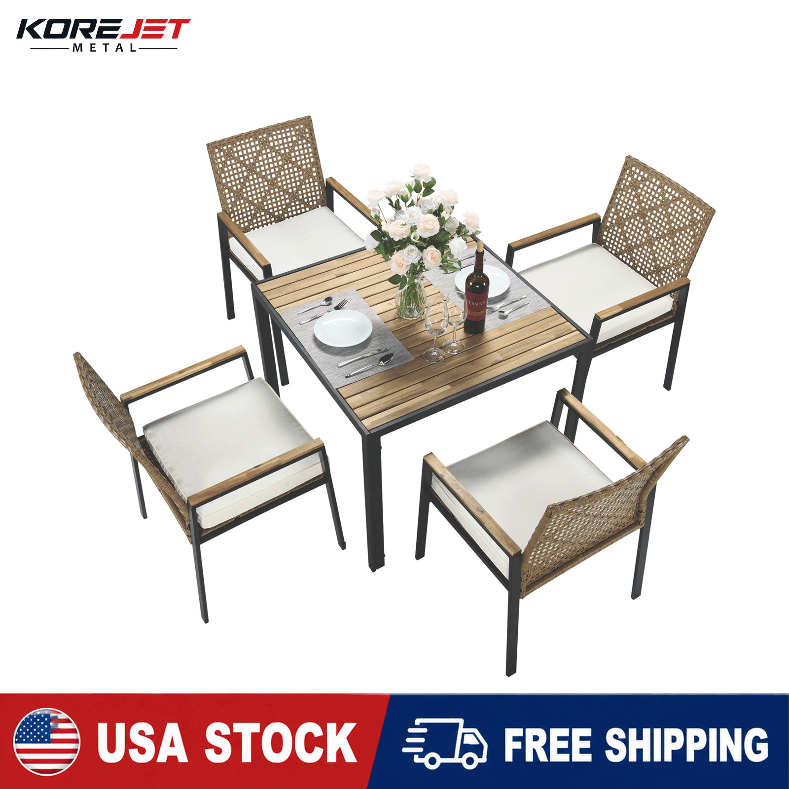 All Weather 5-Piece Patio Dining Table Sets, Patio Conversation Set Wood Table