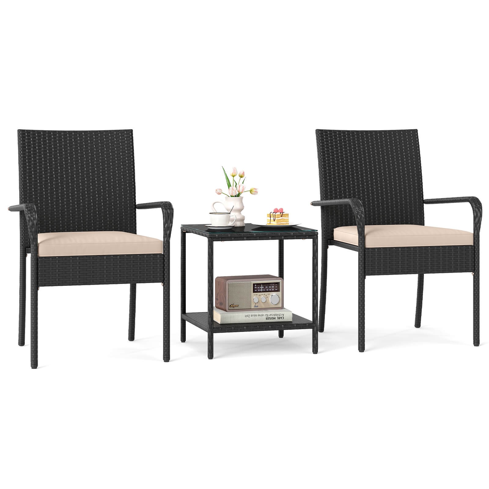 3 PCS Patio Furniture Set w/2-Tier Table Tempered Glass Tabletop & Soft Cushions