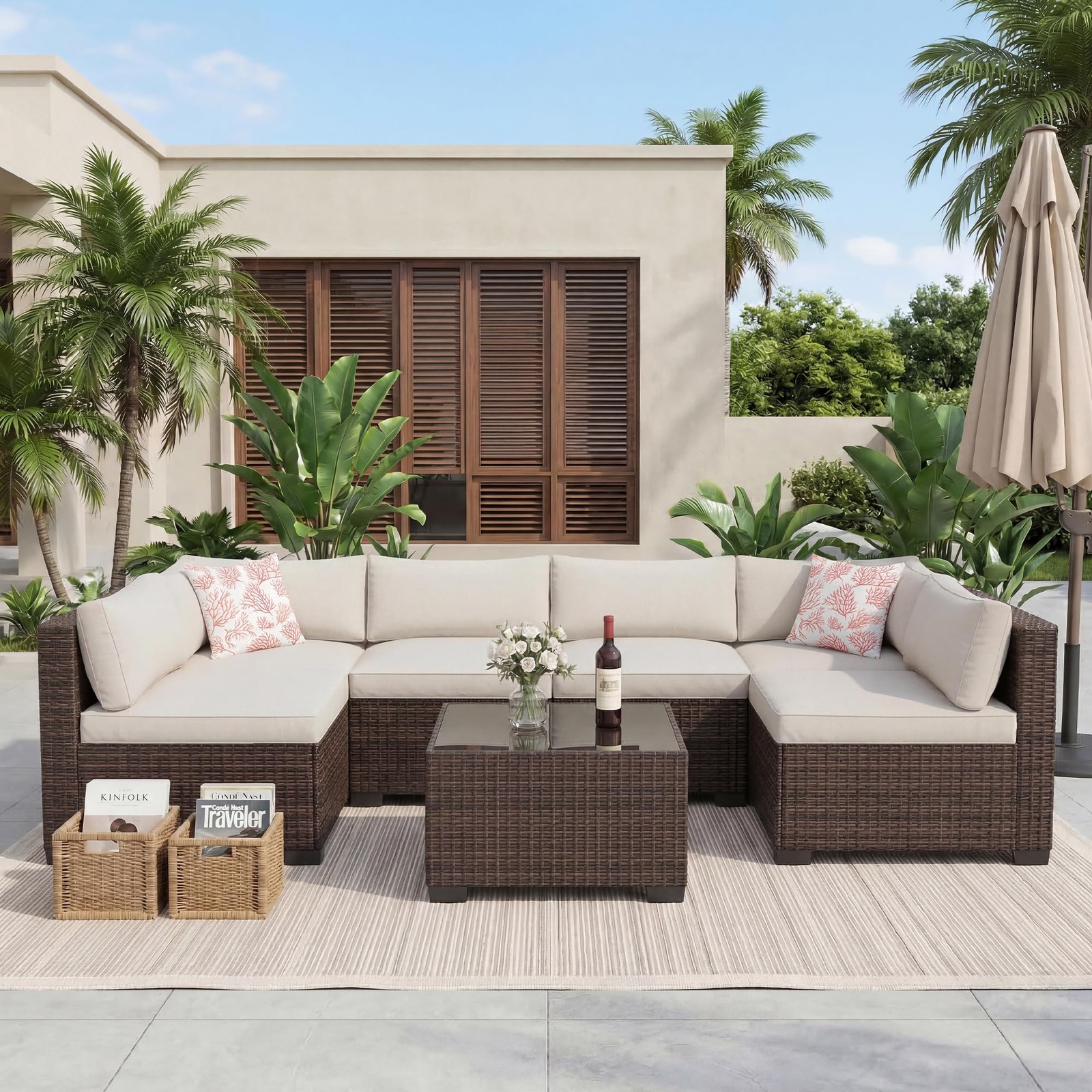 7-Piece Outdoor Sectional Set Rattan Sofa Coffee Table Water-Resistant Cushions