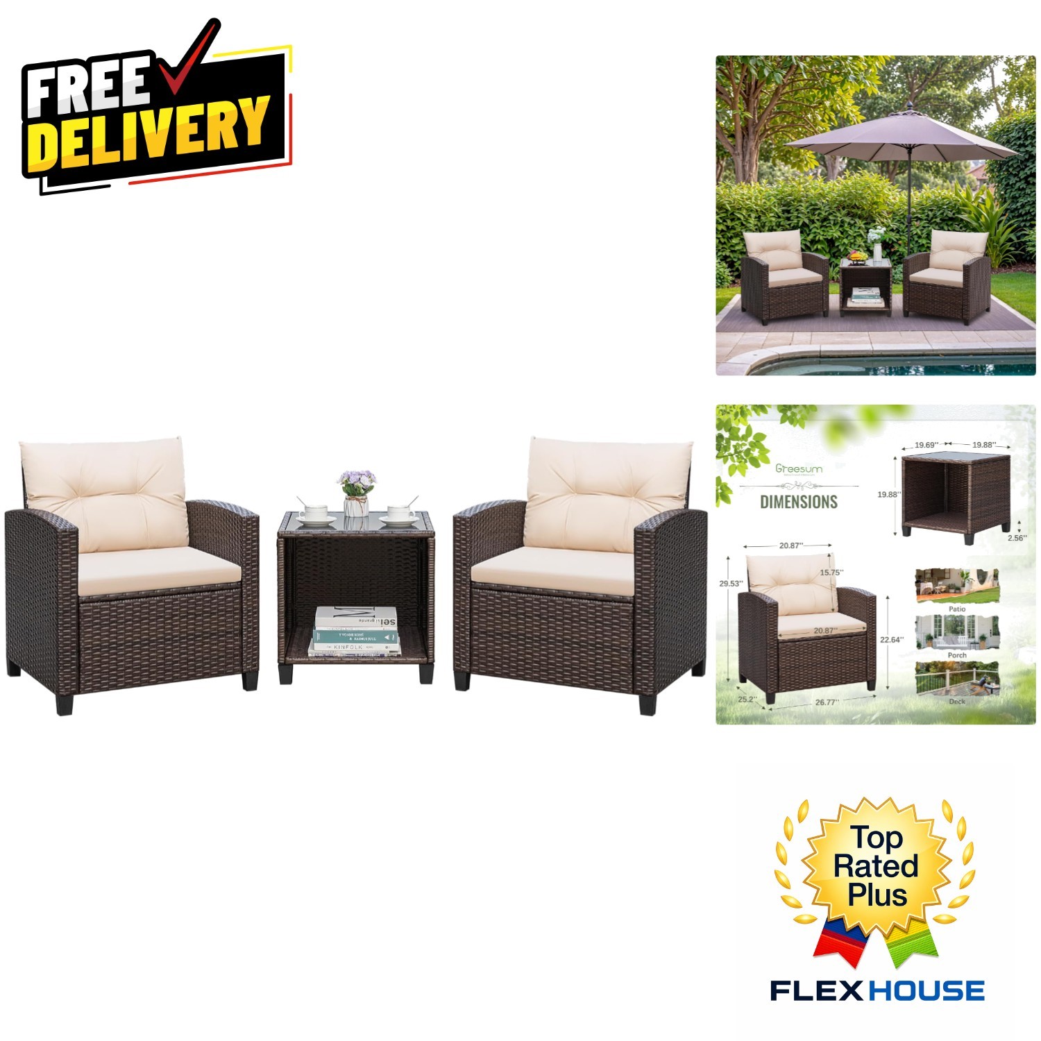 Stylish 3-Piece Outdoor Furniture Set with Soft Cushions & Glass Coffee Table