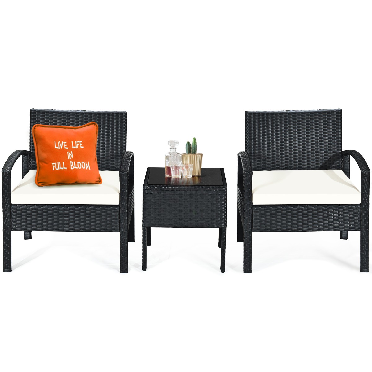 Patiojoy 3PCS Patio Rattan Furniture Set Conversation Sofa Coffee Table Backyard