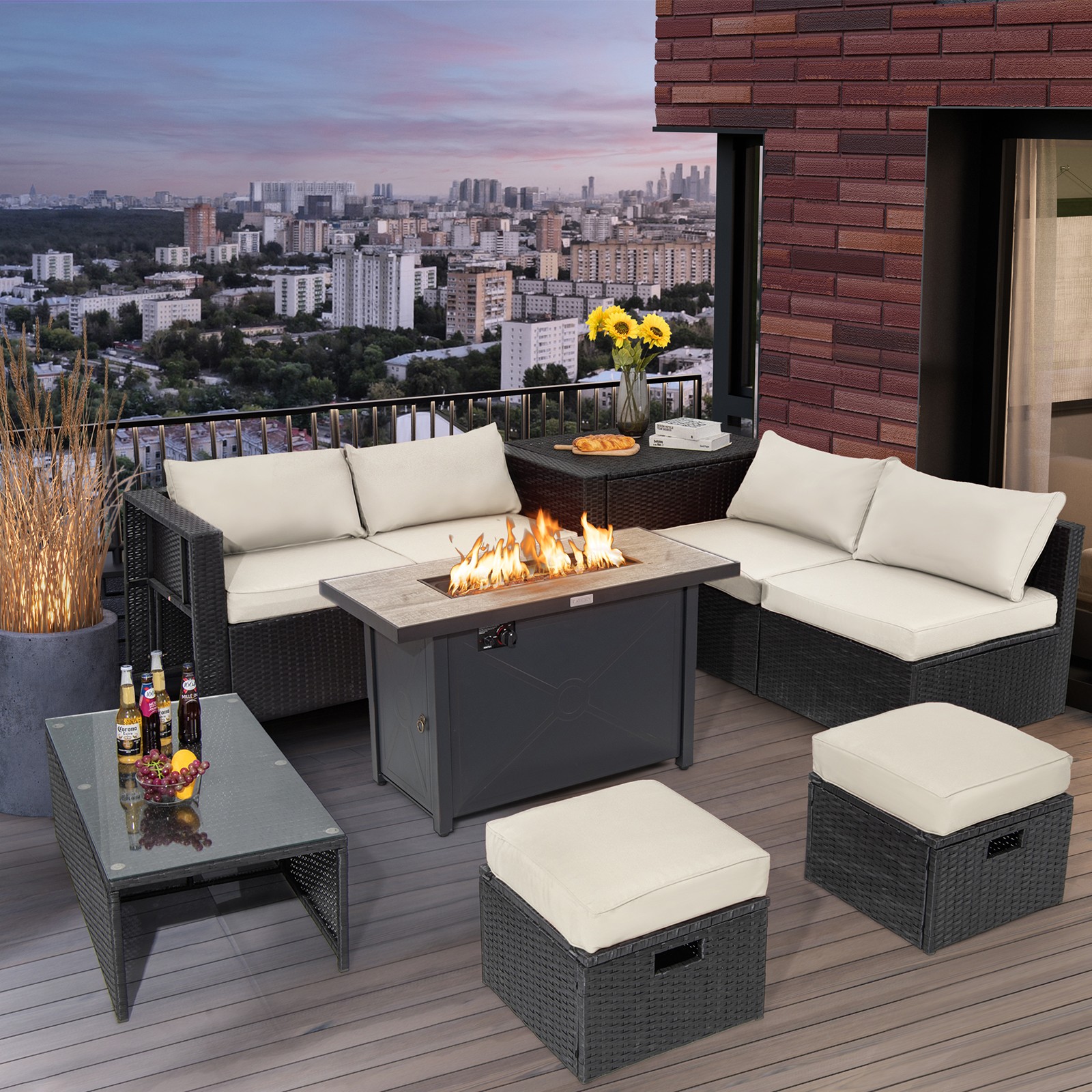 Patio 9PCS Rattan Furniture Set Space Saving 42” Fire Pit Table Cover White