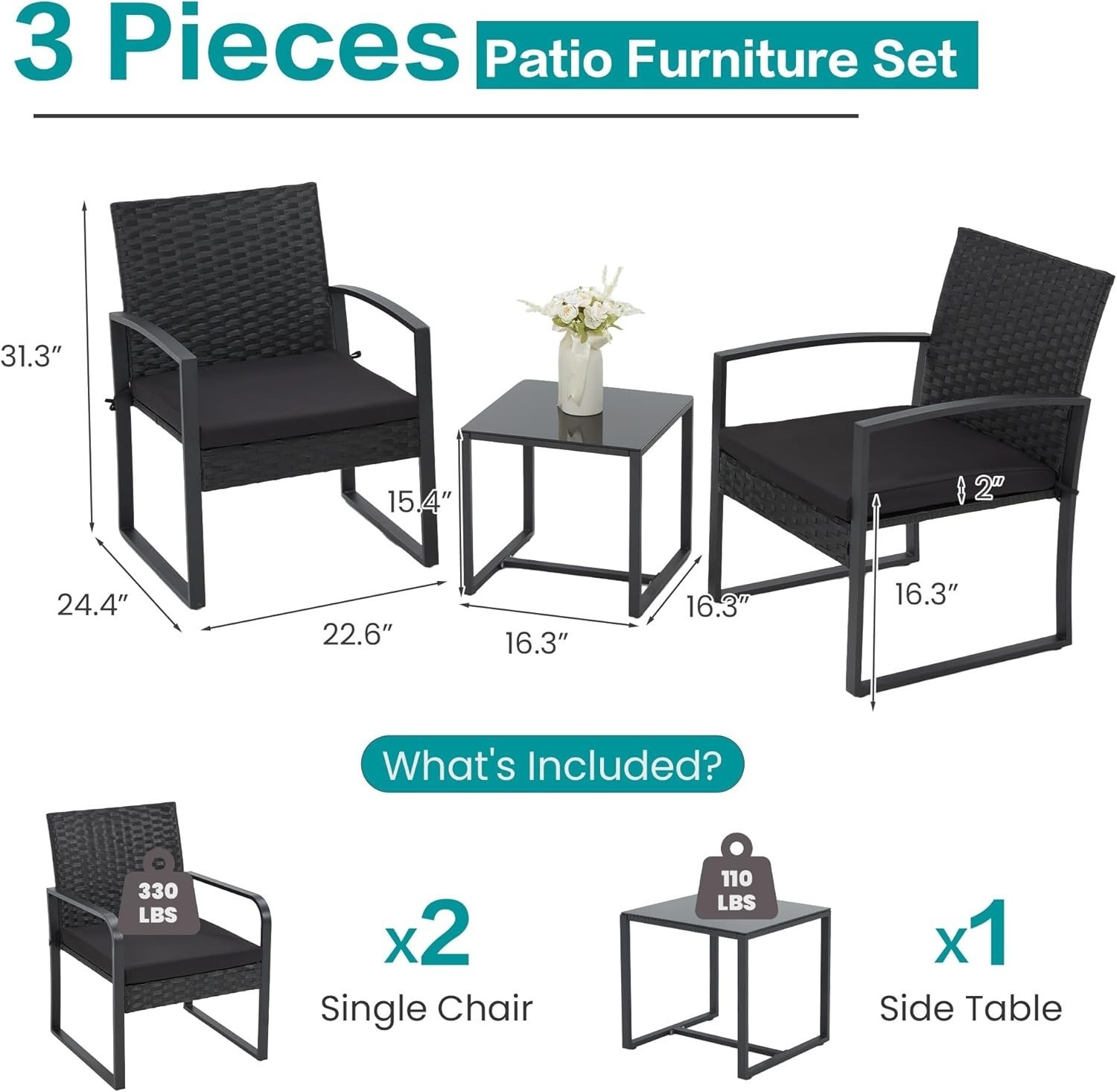3 Pieces Patio Furniture Set, Outdoor Rattan Bistro Set W/ Coffee Table, Durable