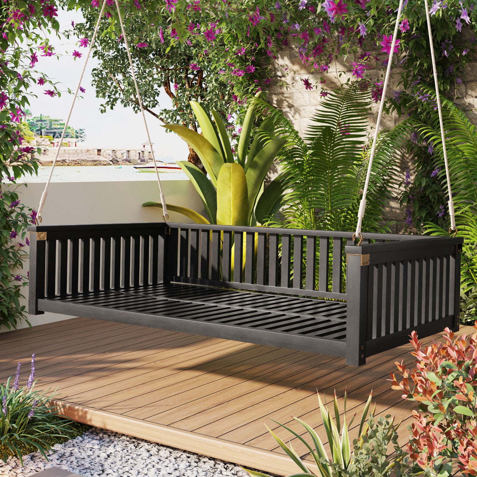 Patio Minimalist Twin Size Garden Swing Bed Wood Porch Swing with Ropes
