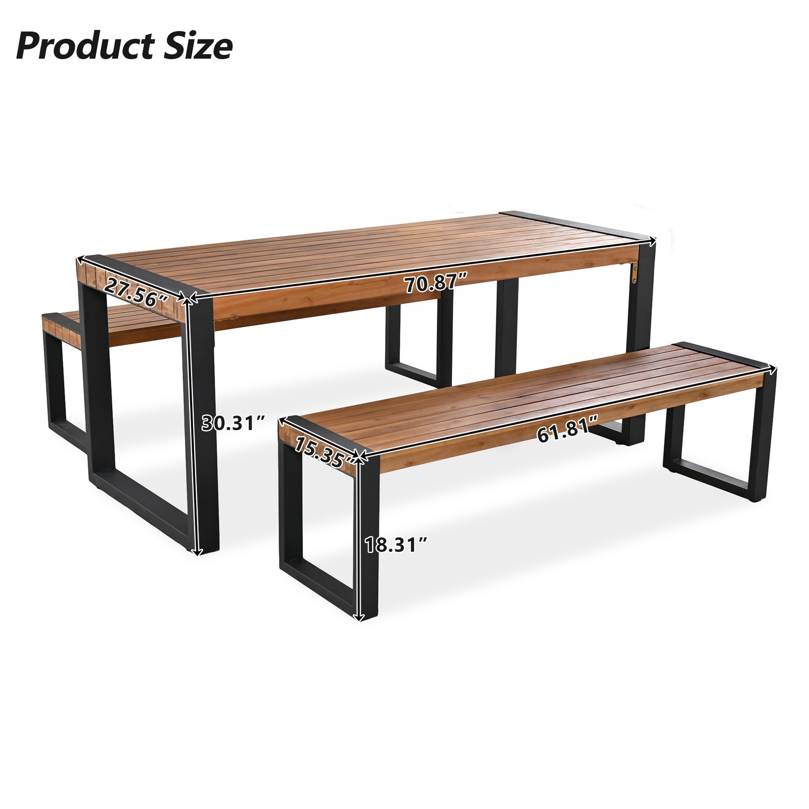 3-Piece Outdoor Dining Table Set with 2 Benches, Acacia Wood Top & Steel Frame