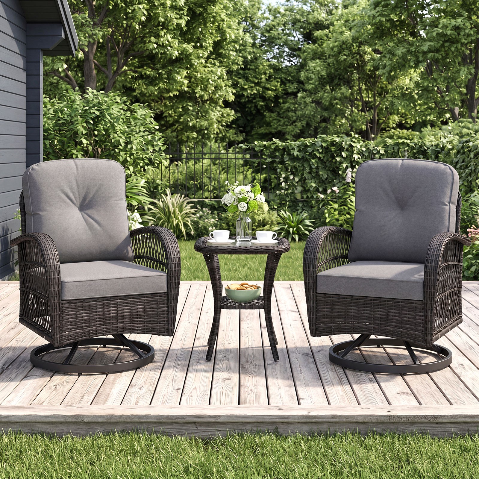 3PCS Patio Swivel Rocker Set Gliding Bistro Furniture Set with Tempered Glass