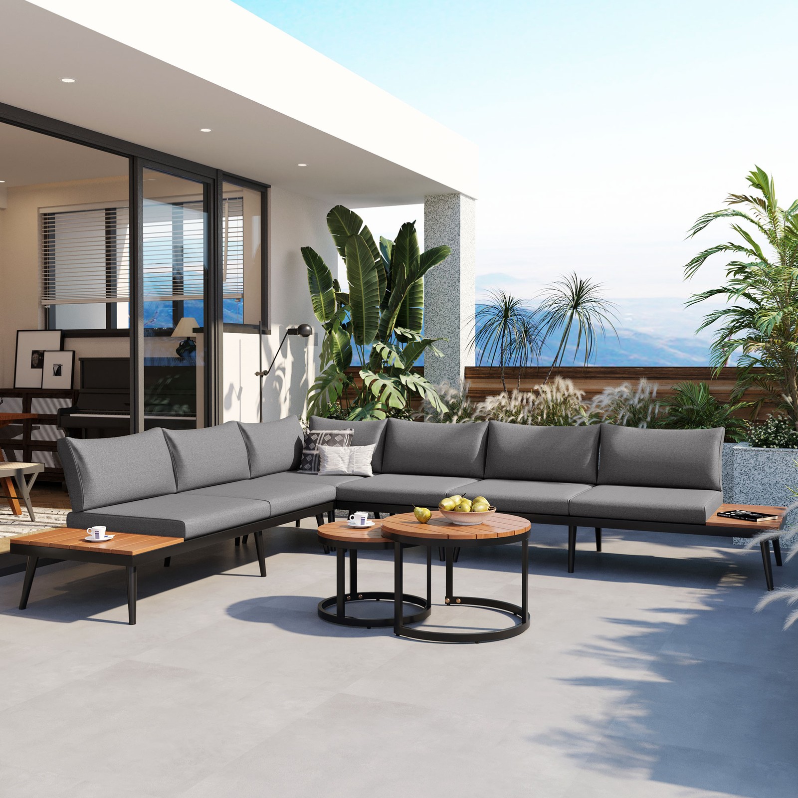 6-Piece Outdoor Sectional Sofa Set with Nesting Coffee Tables Grey