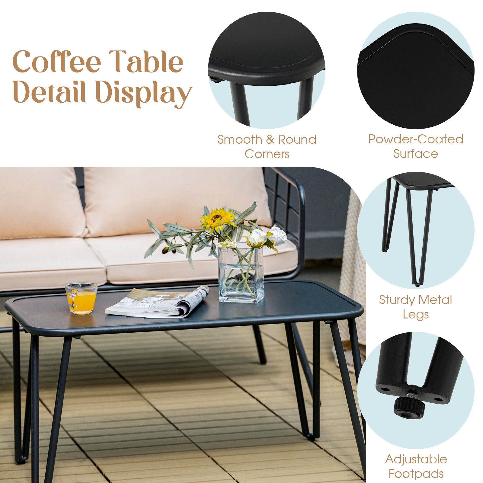 Patiojoy 4 Piece Patio Conversation Set Outdoor Loveseat Sofa Coffee Table Set