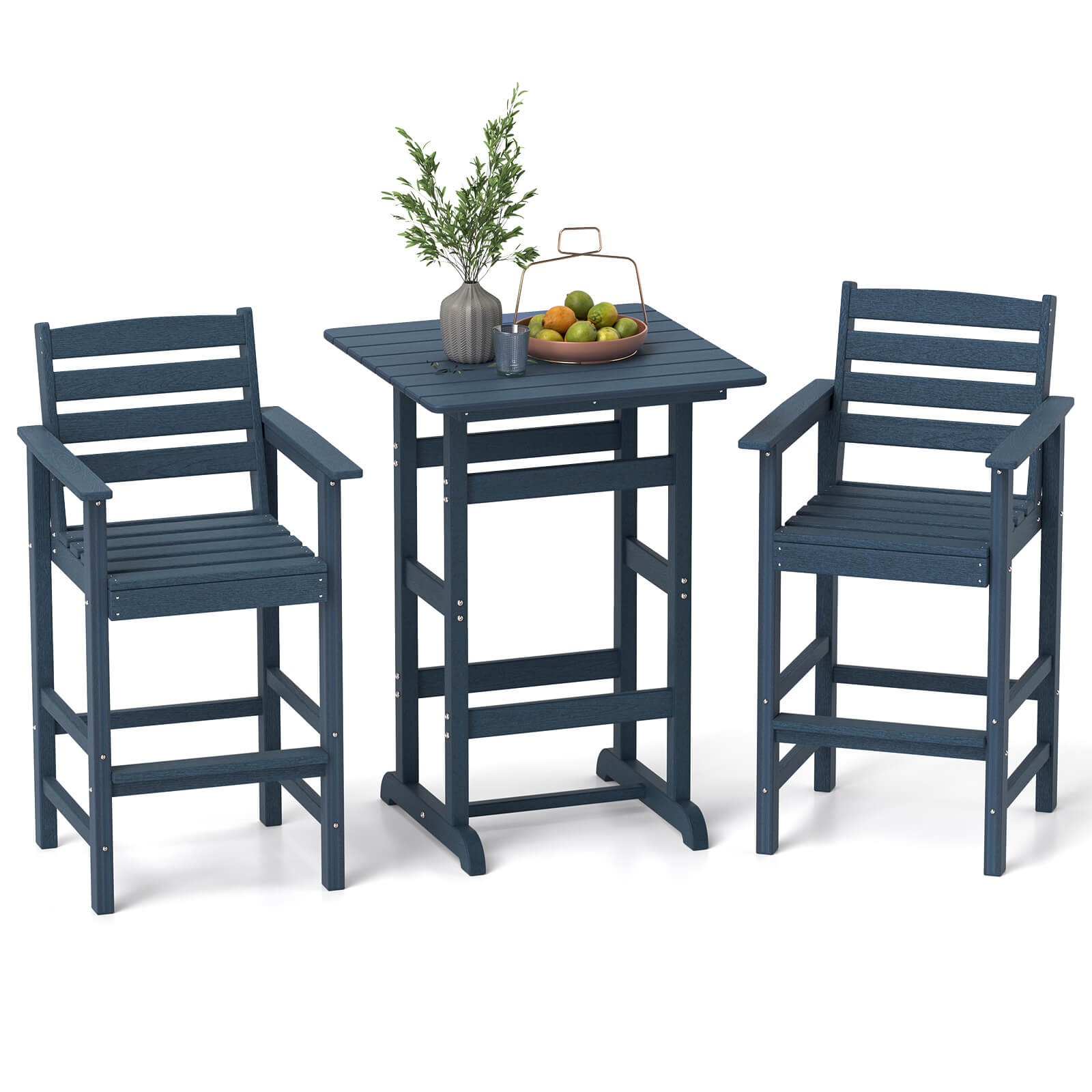 3-Piece Patio HDPE Bar Set Armchairs w/Square High-Top Table Footrest & Backrest