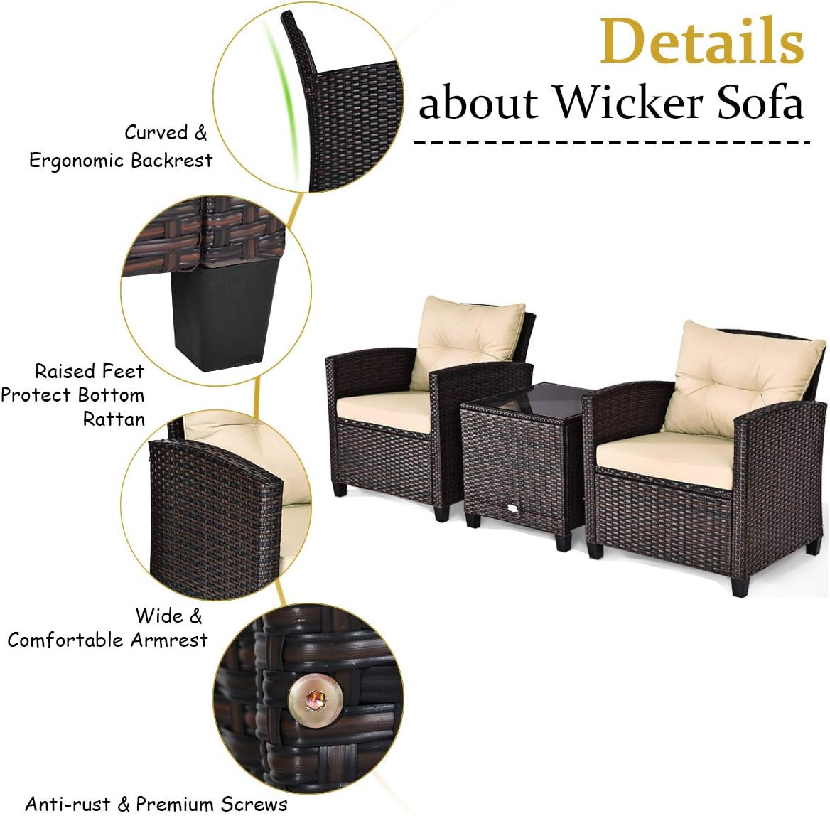 3-Piece Outdoor Patio Furniture Set with Washable Cushions and Glass Tabletop