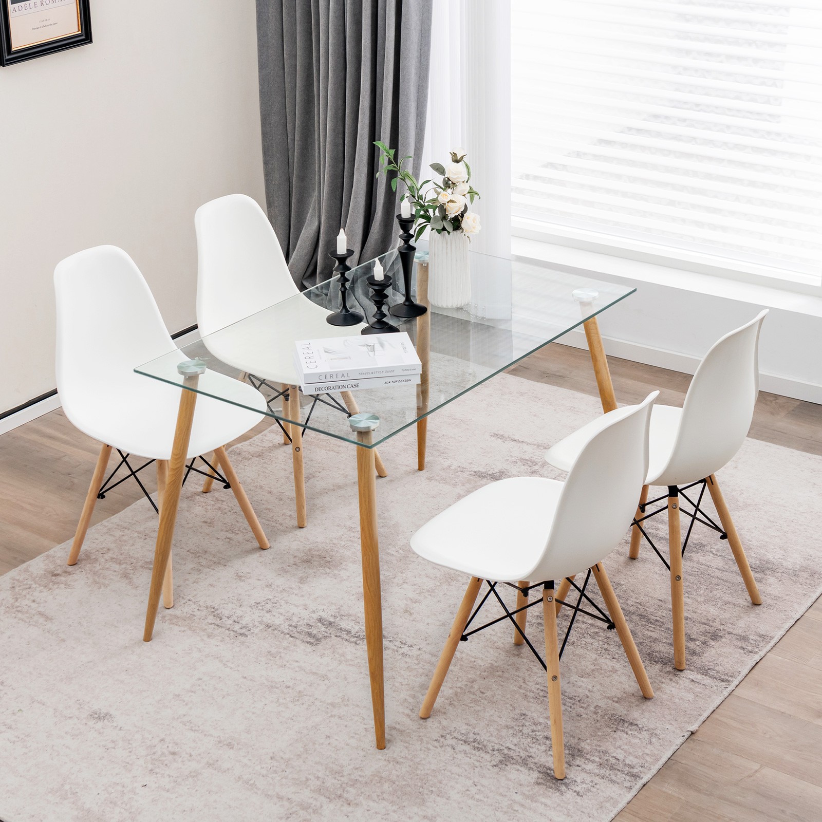 5 PCS Dining Table Set for 4 Rectangle Glass Table & 4 Modern Chairs for Home
