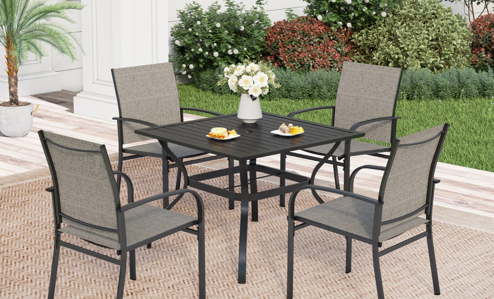5 Piece Patio Furniture Set Outdoor Dining Set w/ 4 Chairs Square Table Brown