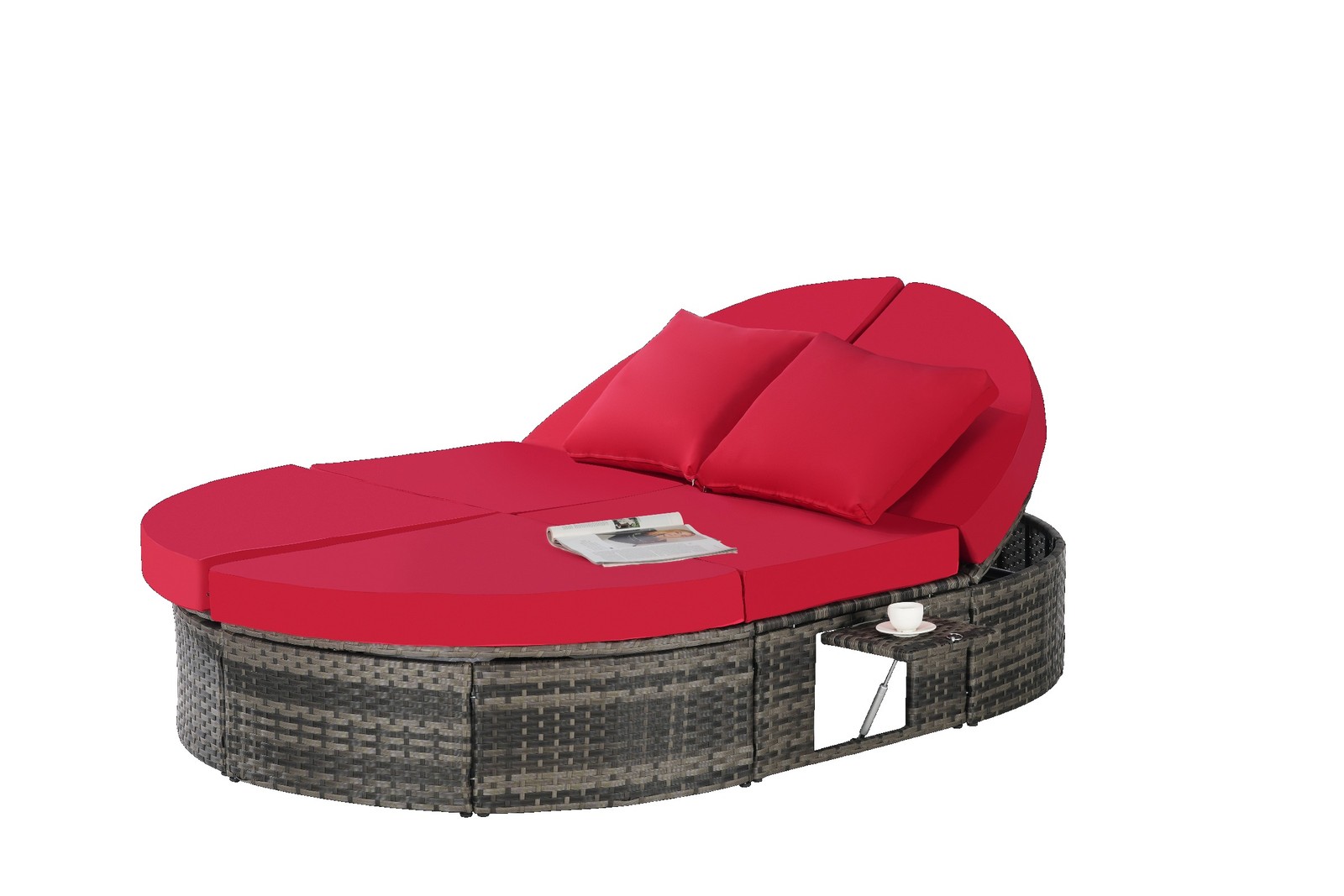 Outdoor Patio Round Daybed with Cushions, Adjustable Backrest, Red