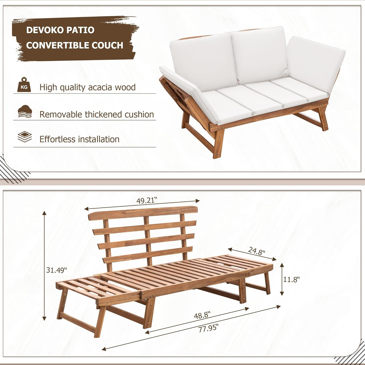 Devoko Outdoor Couch Acacia Wood Patio Couch with Adjustable Armrests, Outdoor C