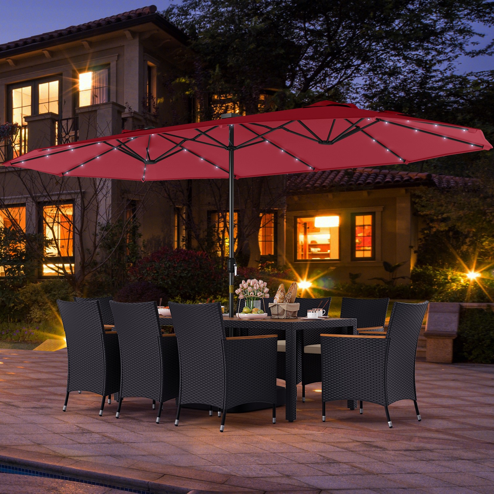 11 PCS Patio Dining Set with 15ft Double-Sided Patio Umbrella (Base Included)