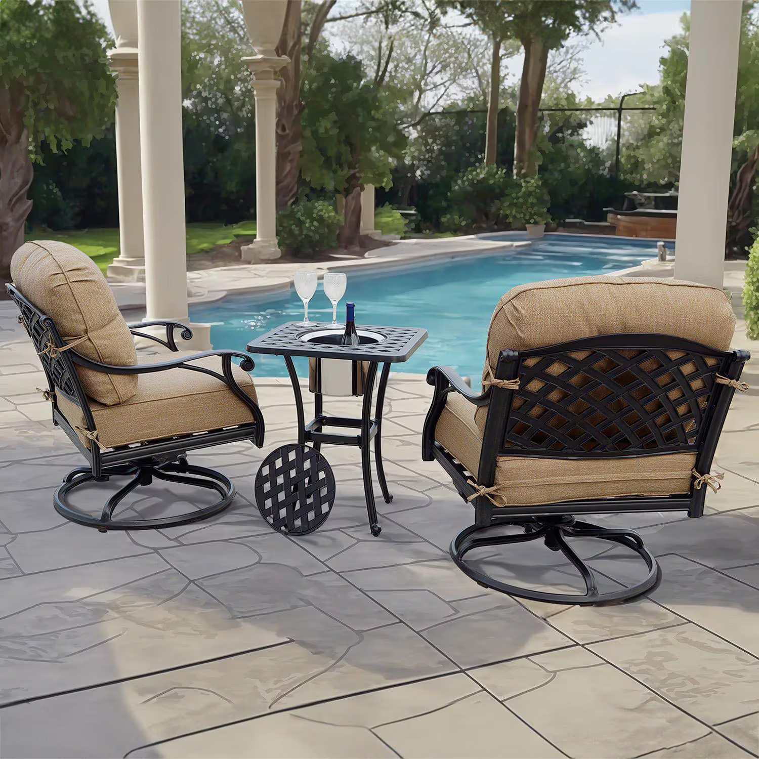 Nassau 3 Pc Cast Aluminum Seating Set 25 Inch Square Series 30 Ice Bucket End
