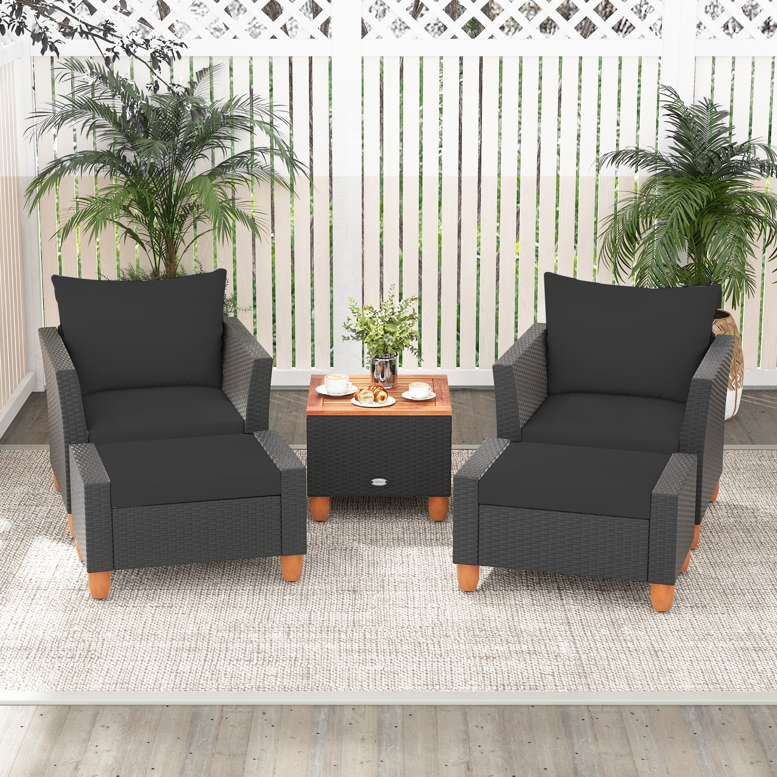 5 PCS Patio Furniture Set w/ Storage Table Ottomans Soft Pillows and Cushions