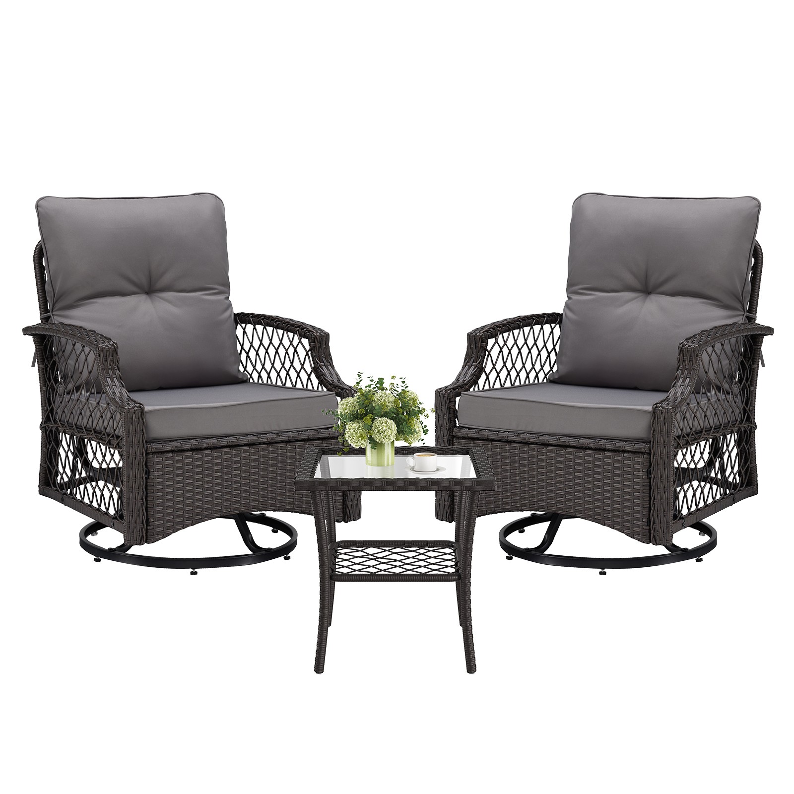 3-Piece Outdoor Bistro Set with Swivel Glider Chairs, Side Table, Wicker