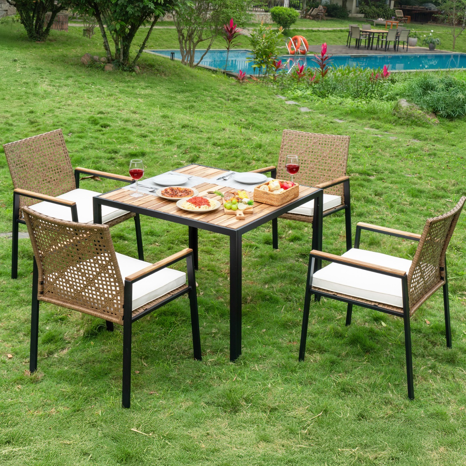 All Weather 5-Piece Patio Dining Table Sets, Patio Conversation Set Wood Table