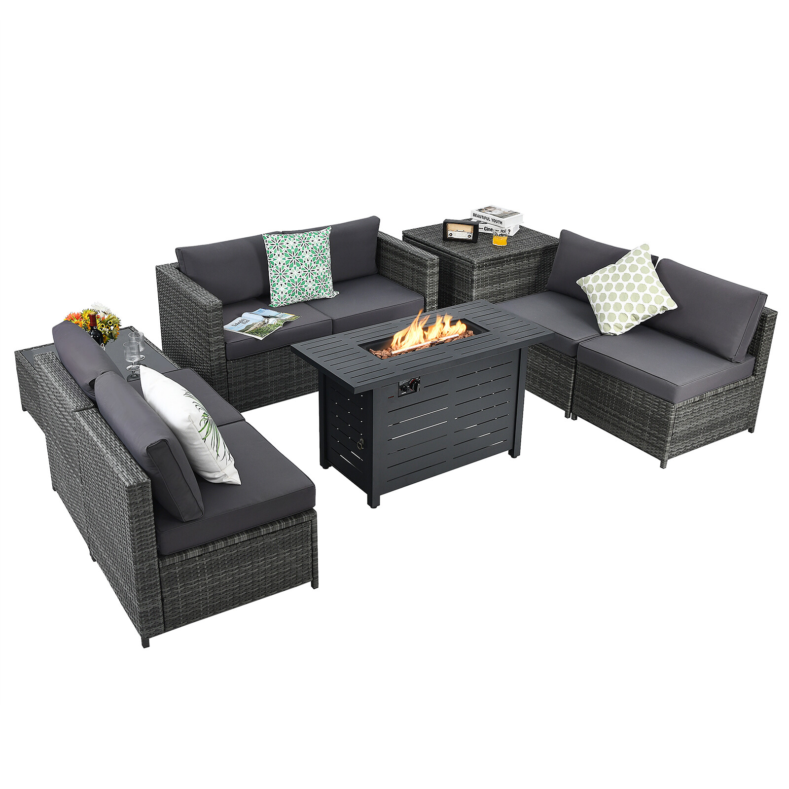 Patiojoy 9 PCS Rattan Dinning Set Wicker Sofa w/Propane Gas Fire Pit 60,000 Btu