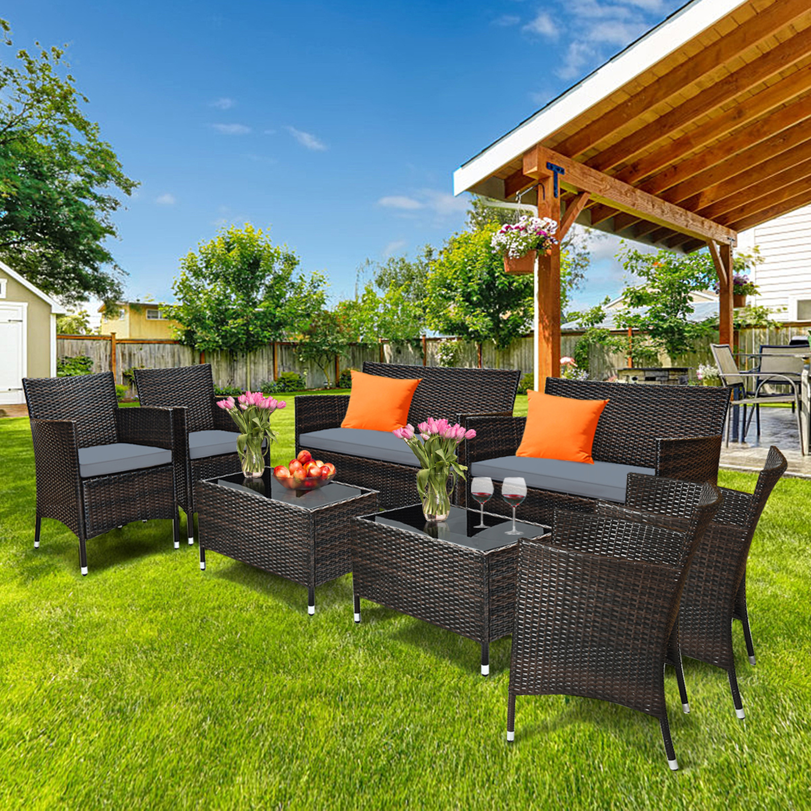 8PCS Patio Rattan Conversation Furniture Set Outdoor w/ Gray Cushion